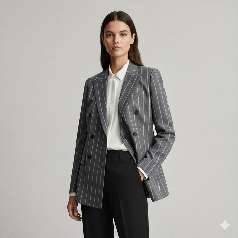 NWOT Theory Gray Pinstripe Double Breasted WoolBlazer Womenswear Business Casual